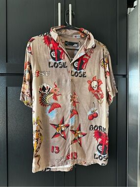 Lost Beige Short-Sleeve Button Shirt with Red Tattoo Prints